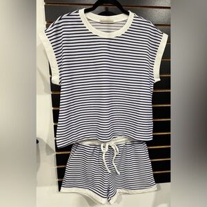 Zenana Outfitters Navy and White Striped Tee and Shorts Set